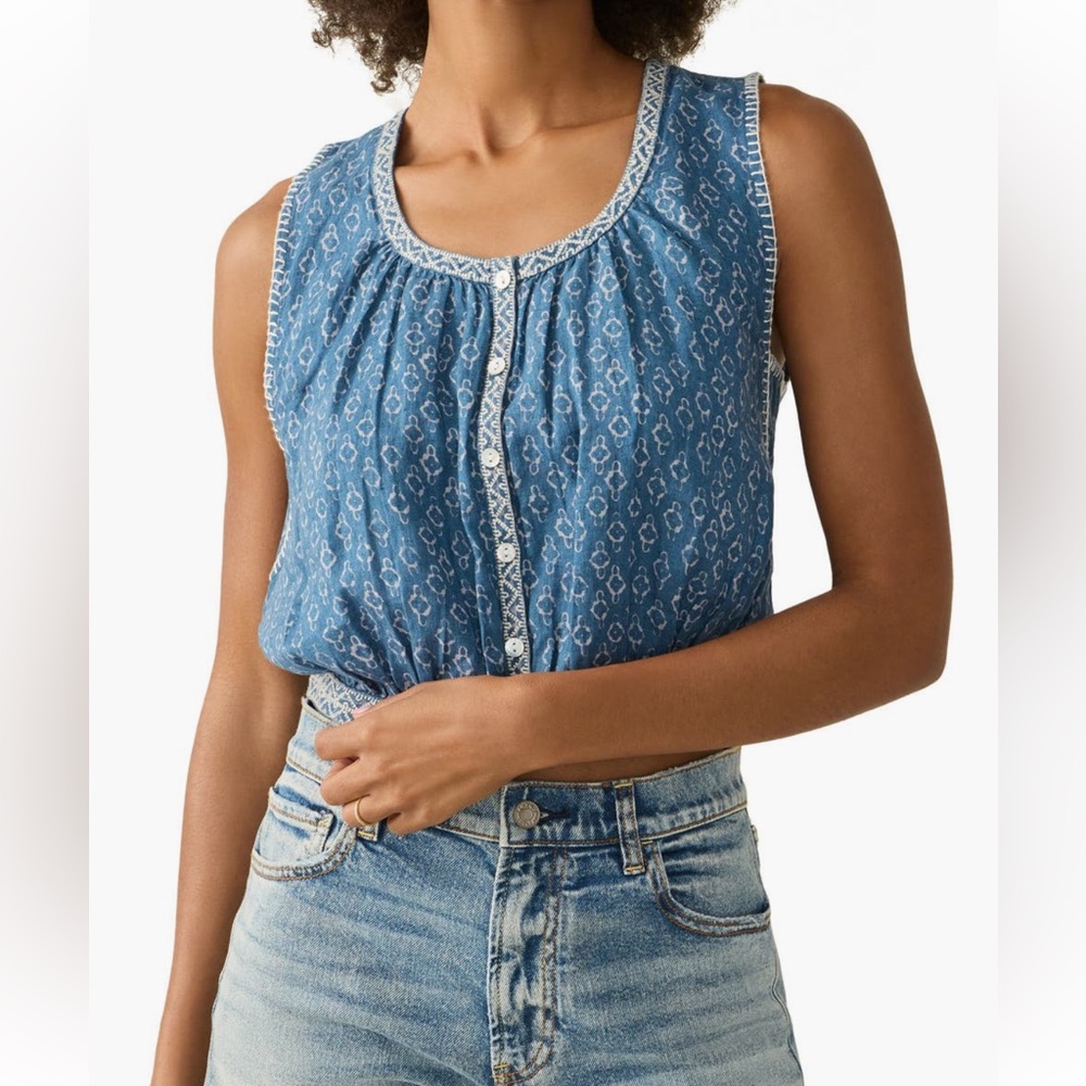 Faherty NWT Isla Embroidered Sleeveless Buttoned Front Denim Crop Linen Top - Picture 3 of 14